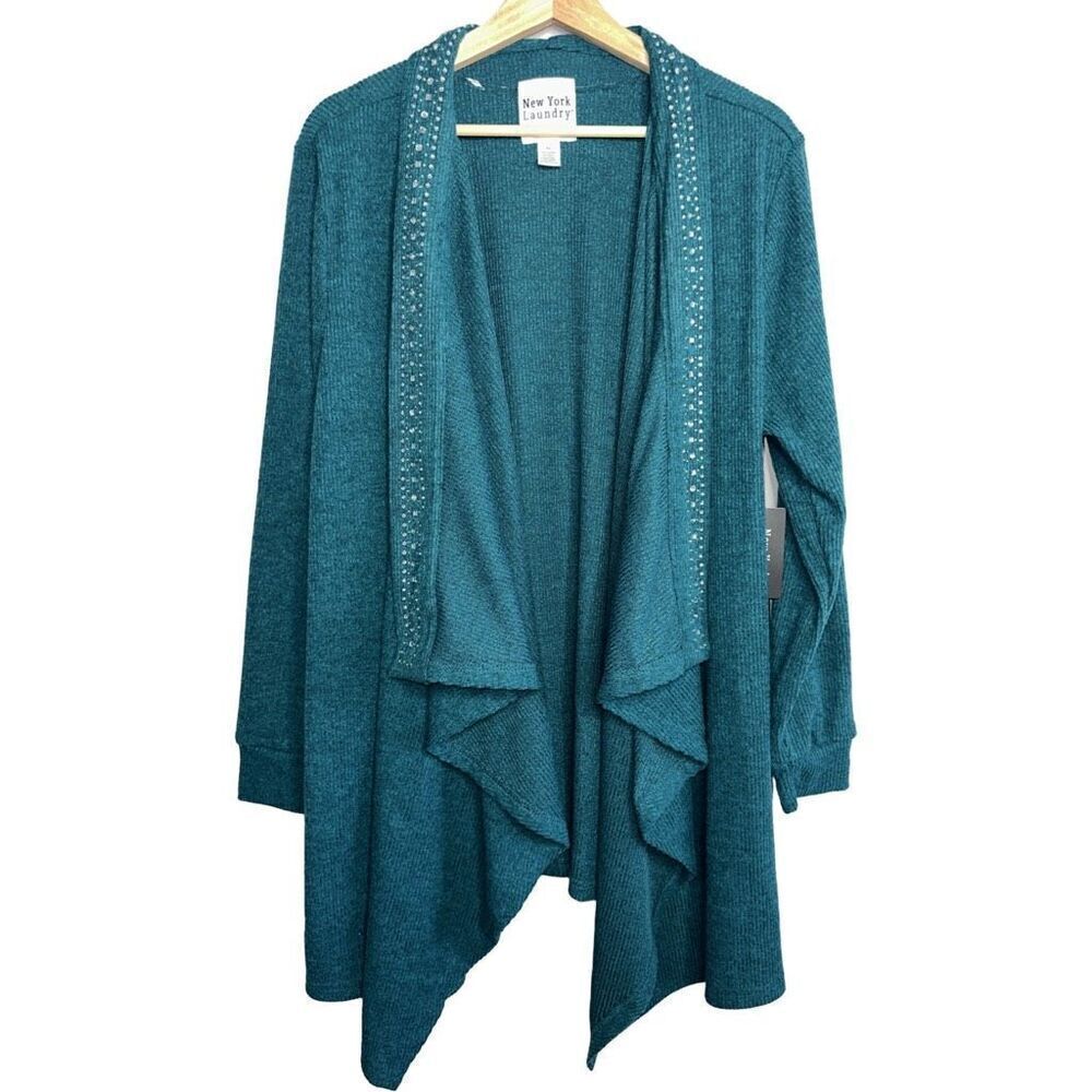 New York Laundry Women’s Teal Blue Waterfall Cardigan Sweater Rhinestones Long S